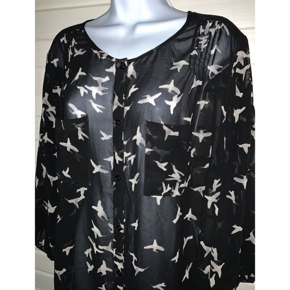 Sejour Tops - Sejour Blouse Sz 14W Plus Black Ivory Birds Pintucked Button Front Sheer VGUC